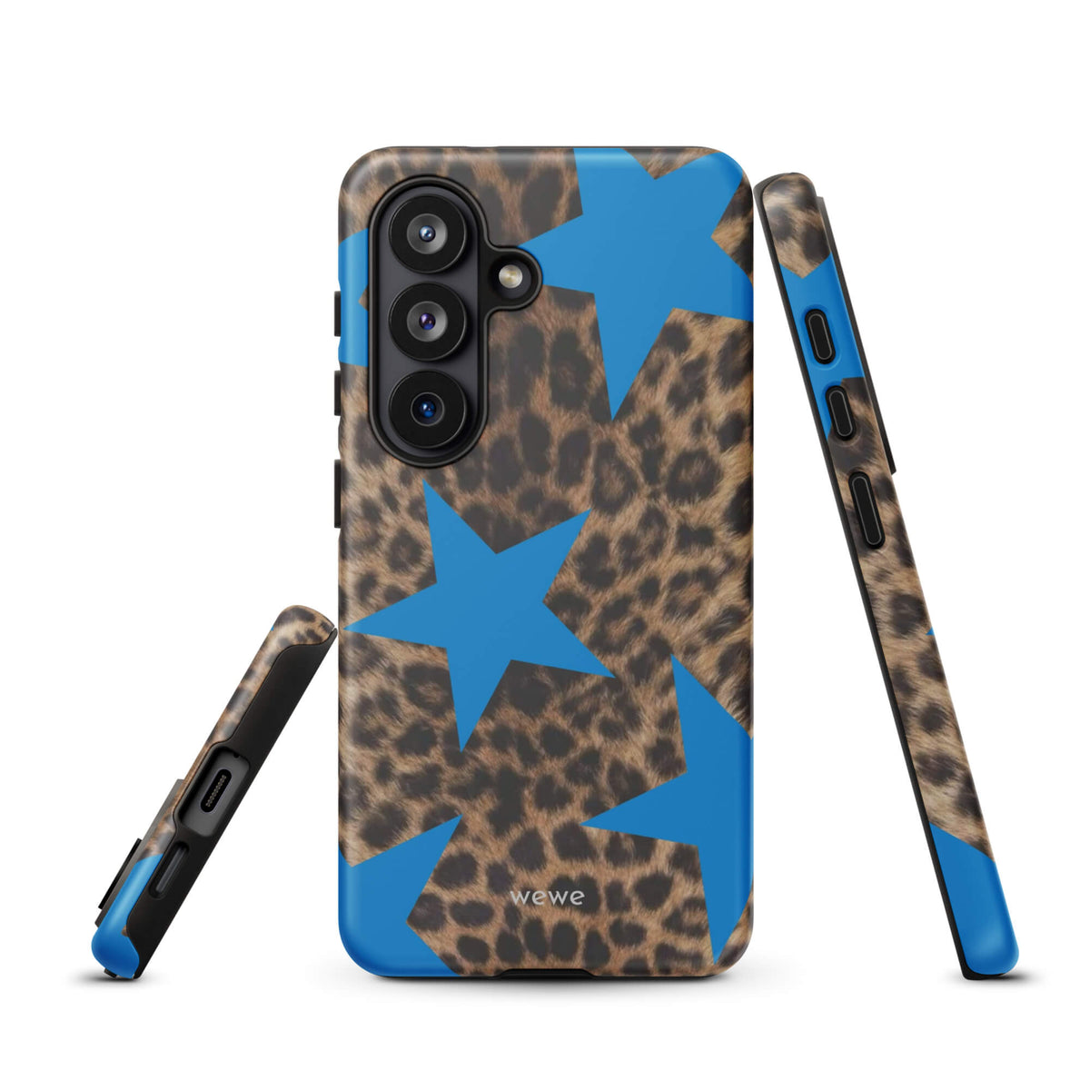 Brown-and-black leopard-print iPhone case with large electric-blue stars