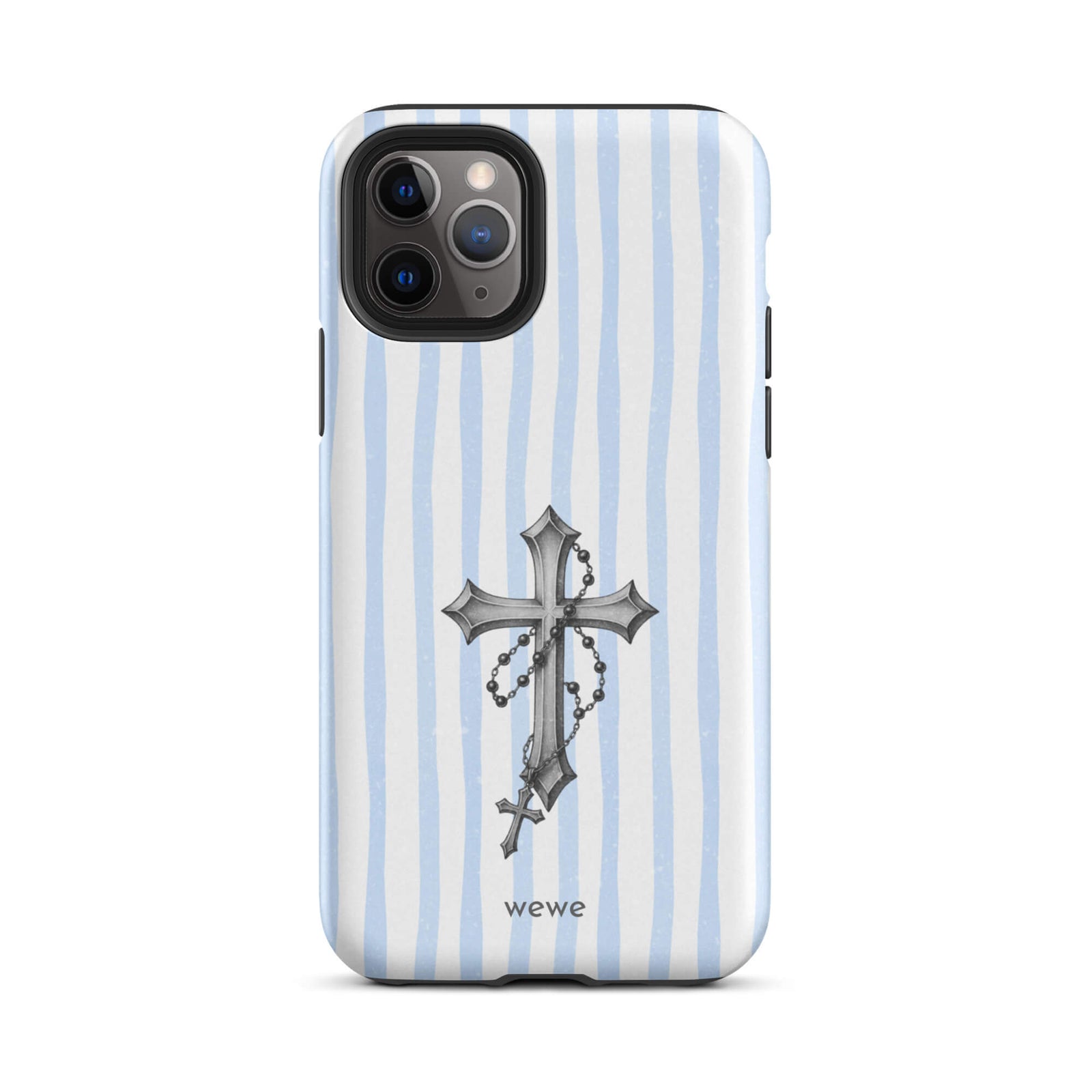 Custom iPhone case 11 pro with a light blue and white striped background and a detailed rosary cross graphic.