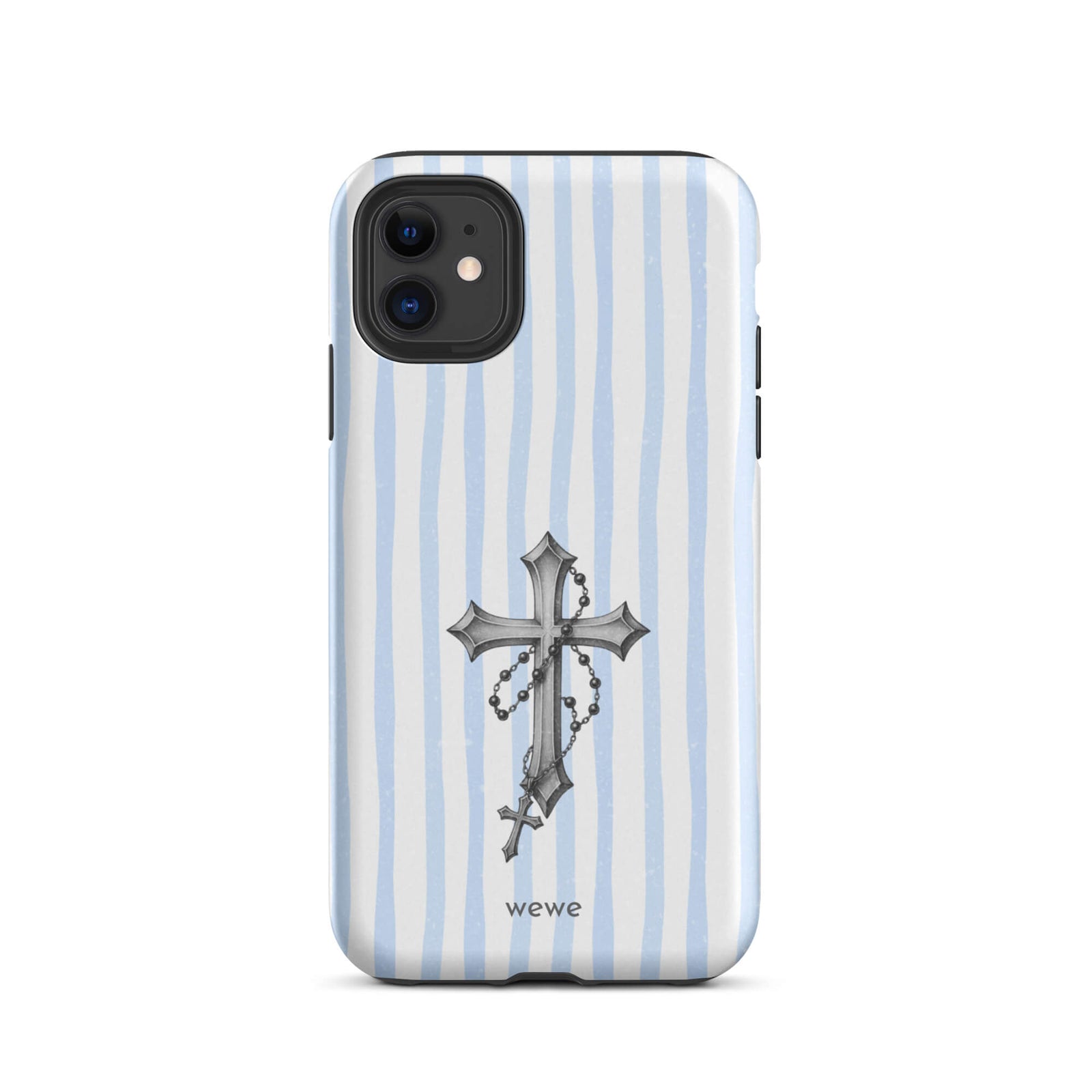 Custom iPhone case 11 with a light blue and white striped background and a detailed rosary cross graphic.