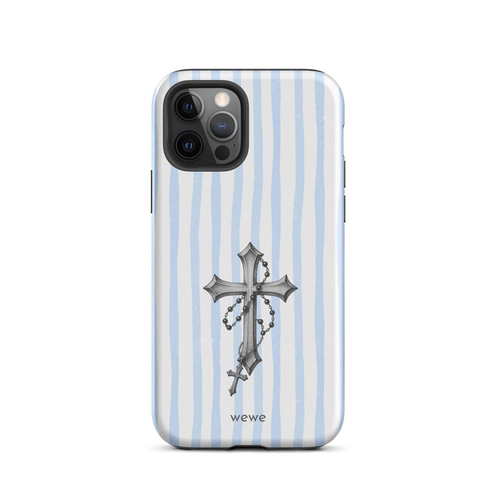 Custom iPhone case 12 pro with a light blue and white striped background and a detailed rosary cross graphic.