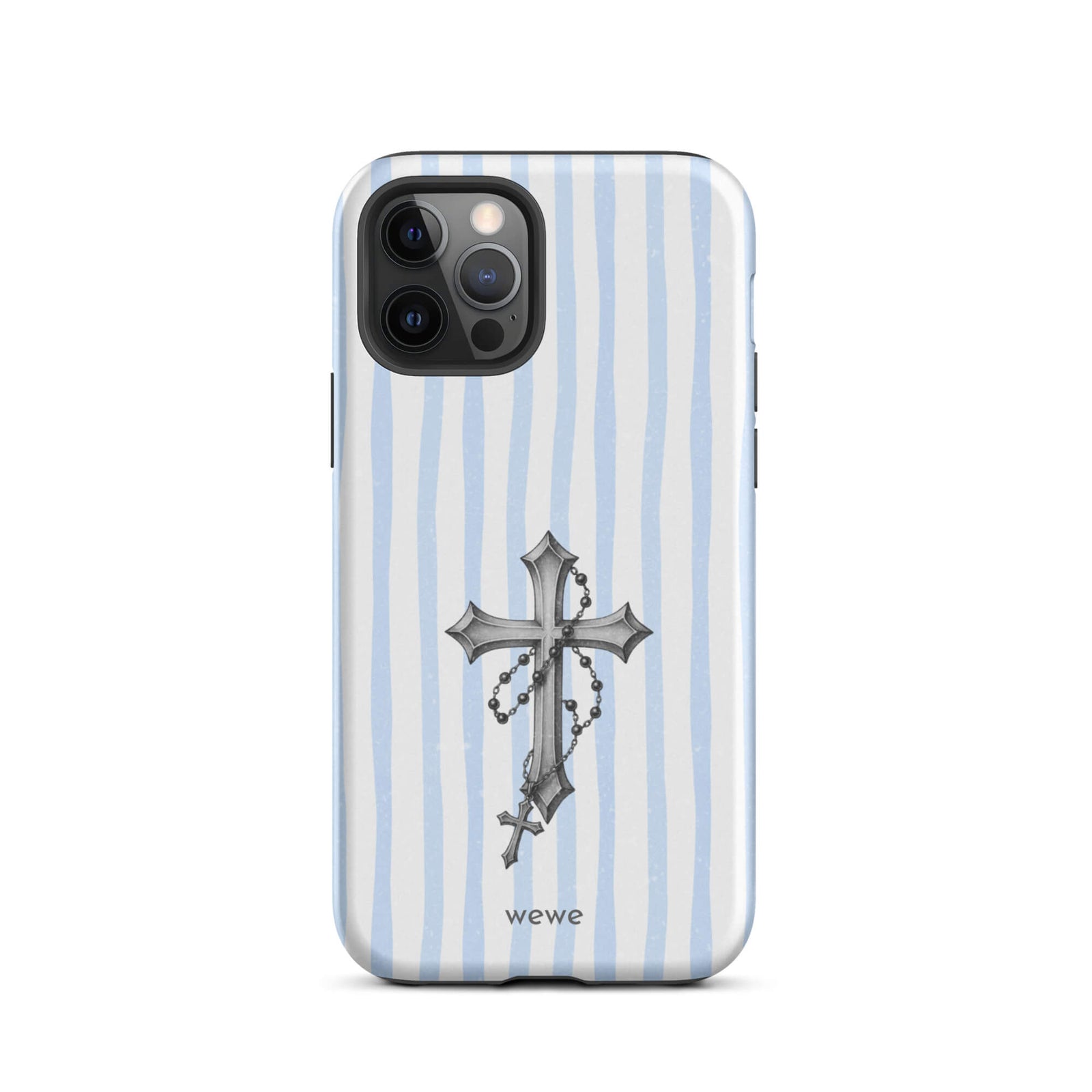 Custom iPhone case 12 pro with a light blue and white striped background and a detailed rosary cross graphic.