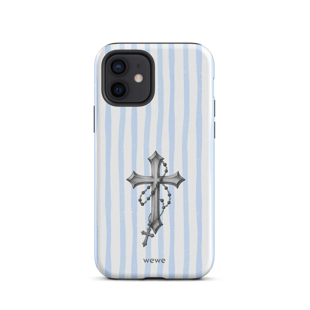 Custom iPhone case 12 with a light blue and white striped background and a detailed rosary cross graphic.