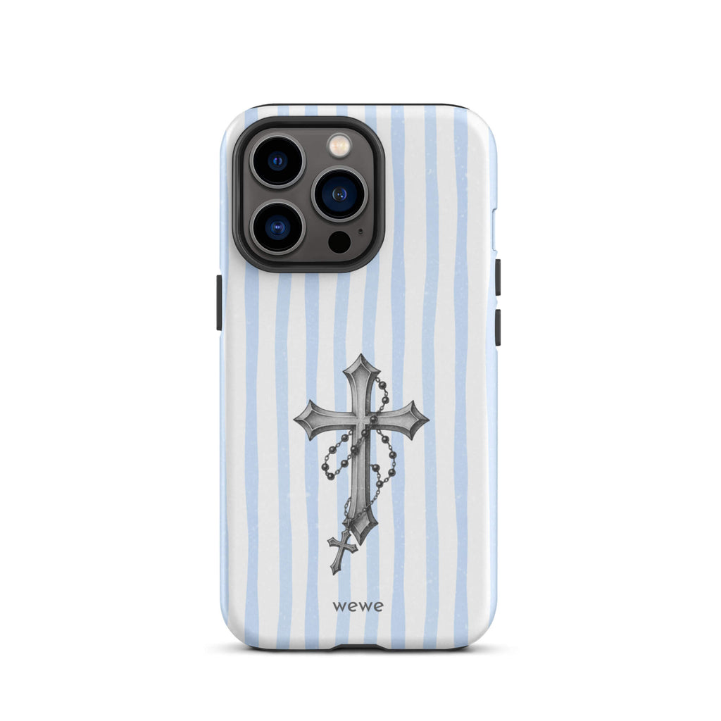 Custom iPhone case 13 pro with a light blue and white striped background and a detailed rosary cross graphic.