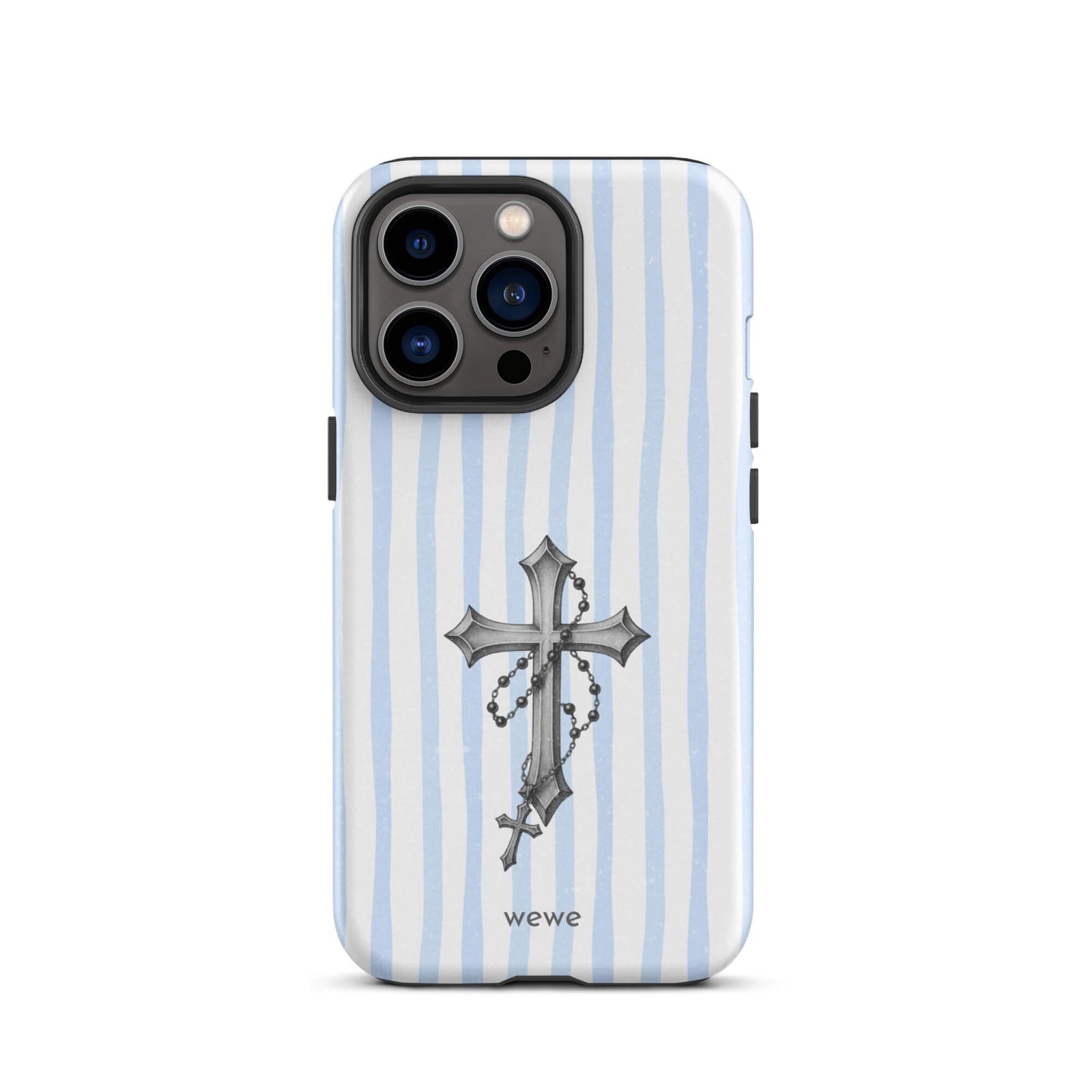 Custom iPhone case 13 pro with a light blue and white striped background and a detailed rosary cross graphic.