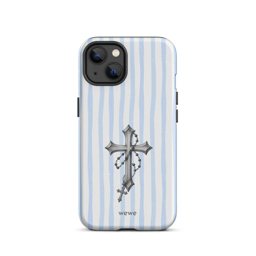 Custom iPhone case 13 with a light blue and white striped background and a detailed rosary cross graphic.