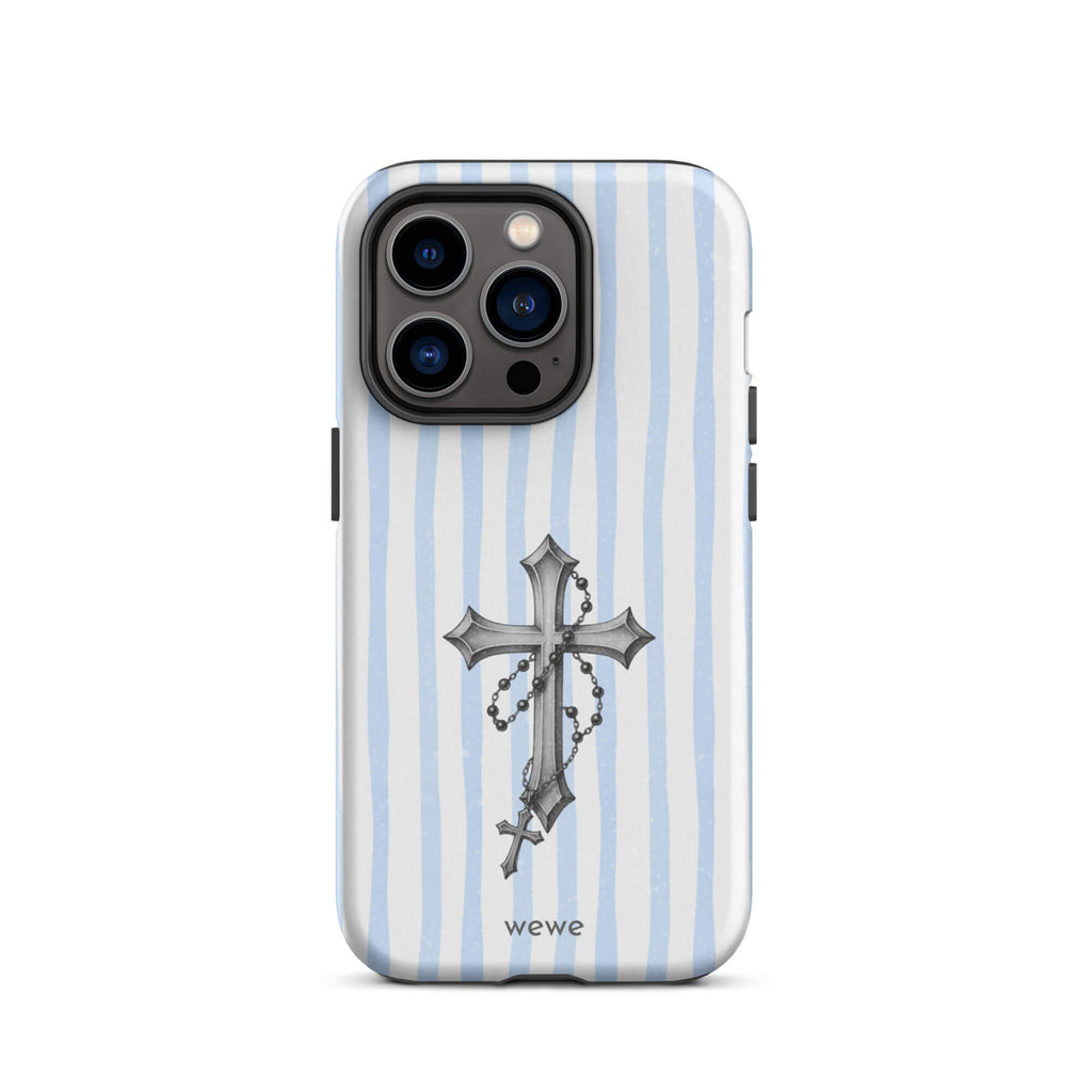 Custom iPhone case 14 pro with a light blue and white striped background and a detailed rosary cross graphic.