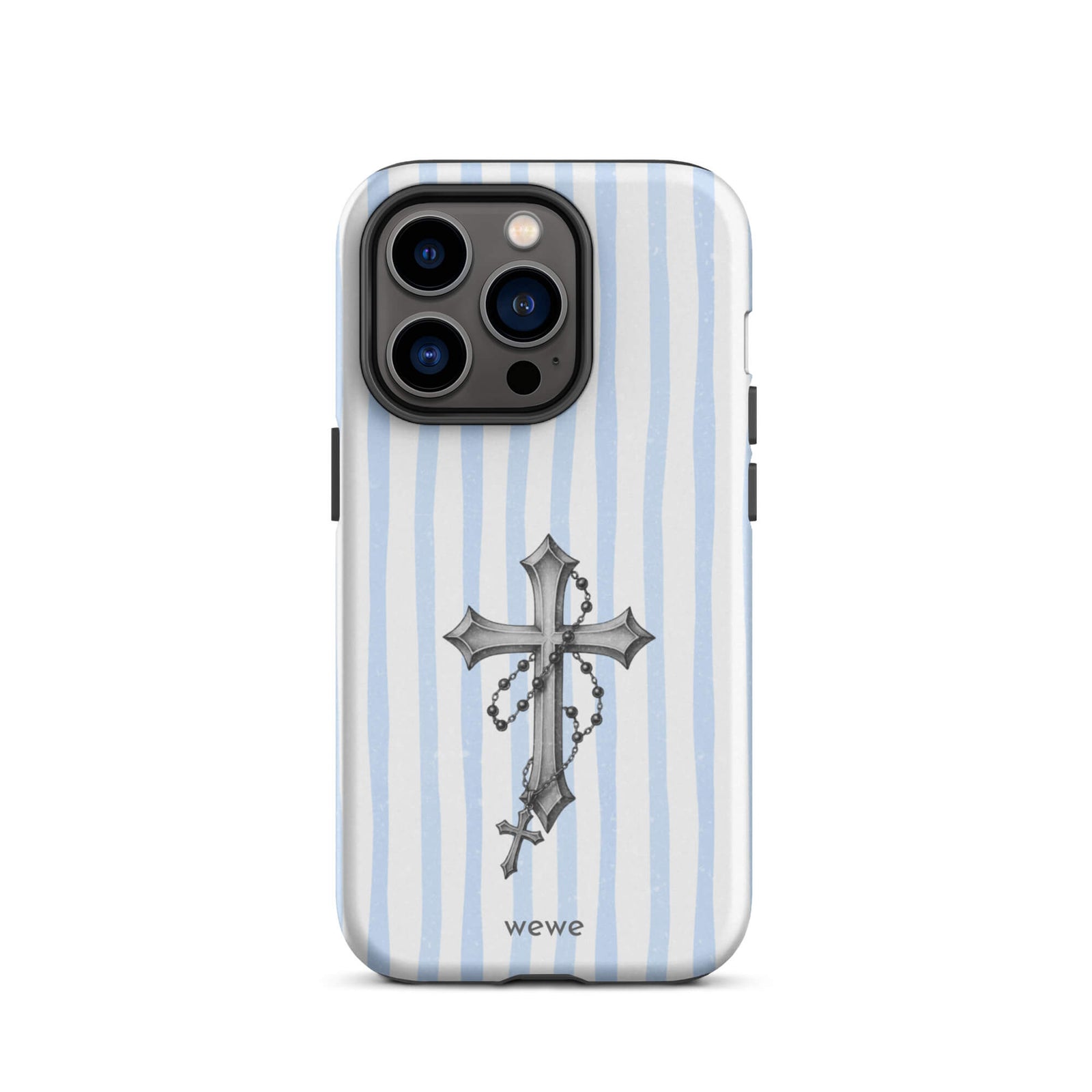 Custom iPhone case 14 pro with a light blue and white striped background and a detailed rosary cross graphic.