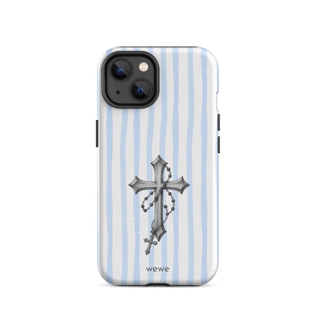 Custom iPhone case 14 with a light blue and white striped background and a detailed rosary cross graphic.