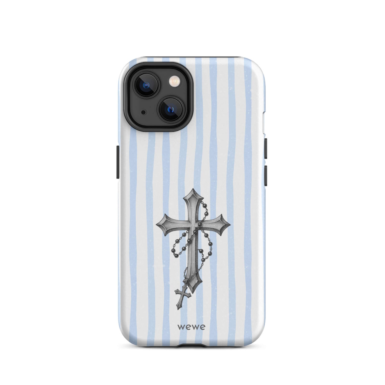 Custom iPhone case 14 with a light blue and white striped background and a detailed rosary cross graphic.