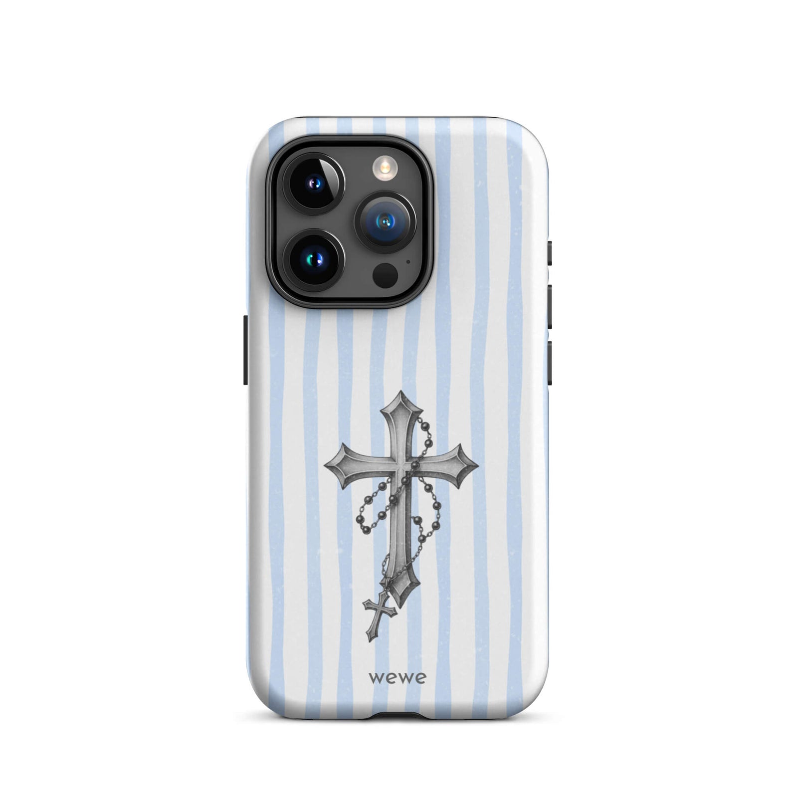 Custom iPhone case 15 pro with a light blue and white striped background and a detailed rosary cross graphic.