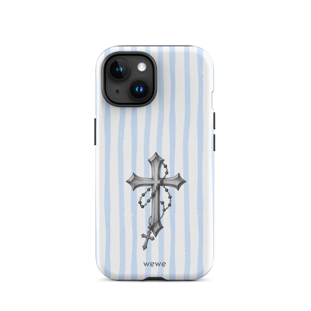Custom iPhone case 15 with a light blue and white striped background and a detailed rosary cross graphic.