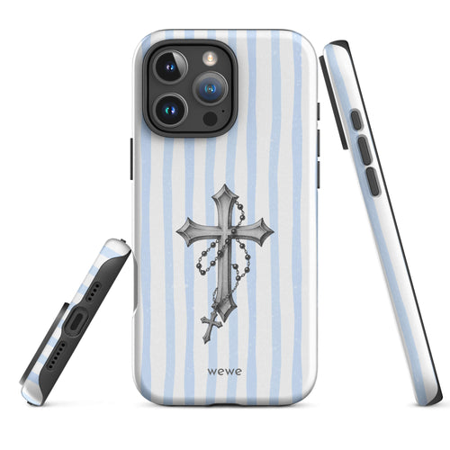 Blue Stripe Silver Cross phone case with striped background and silver cross in powder blue and white