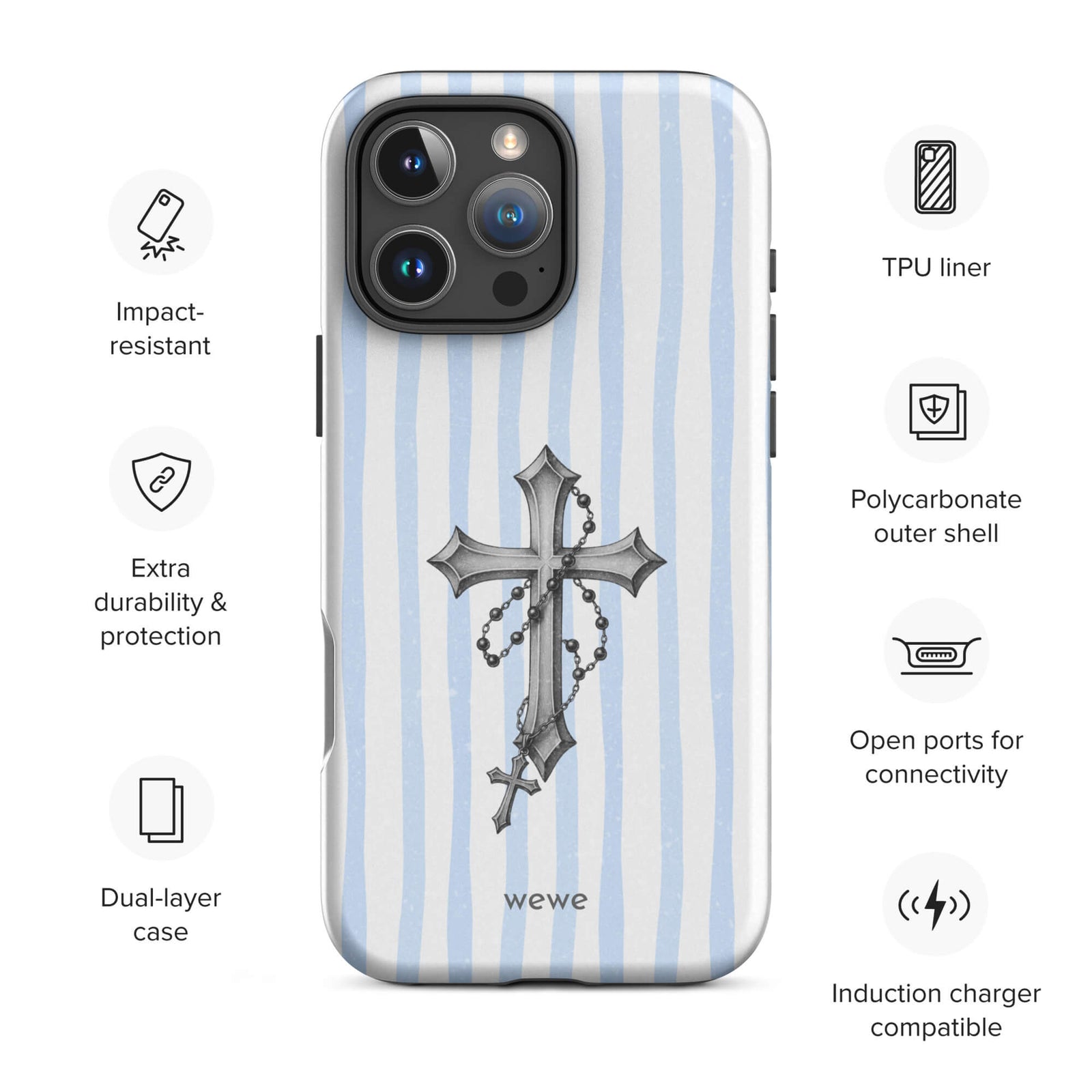 Custom light blue stripe iPhone case 16 pro max wireless charging compatible.