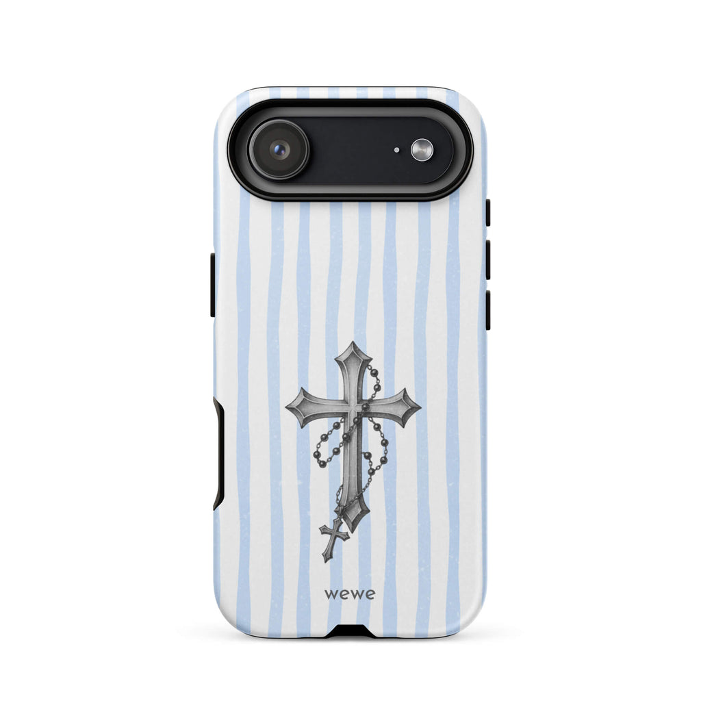 Blue Stripe Silver Cross phone case with striped background and silver cross in powder blue and white