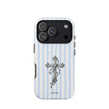 Blue Stripe Silver Cross phone case with striped background and silver cross in powder blue and white