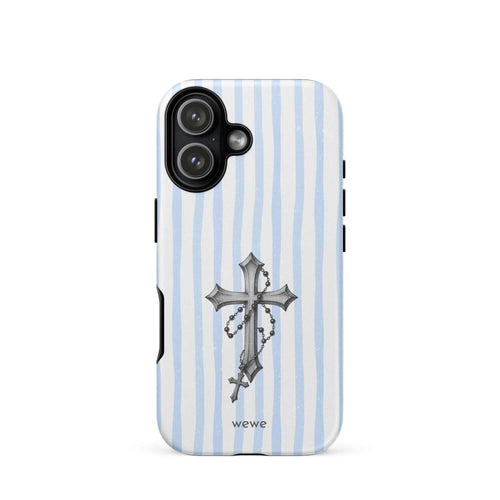Blue Stripe Silver Cross phone case with striped background and silver cross in powder blue and white