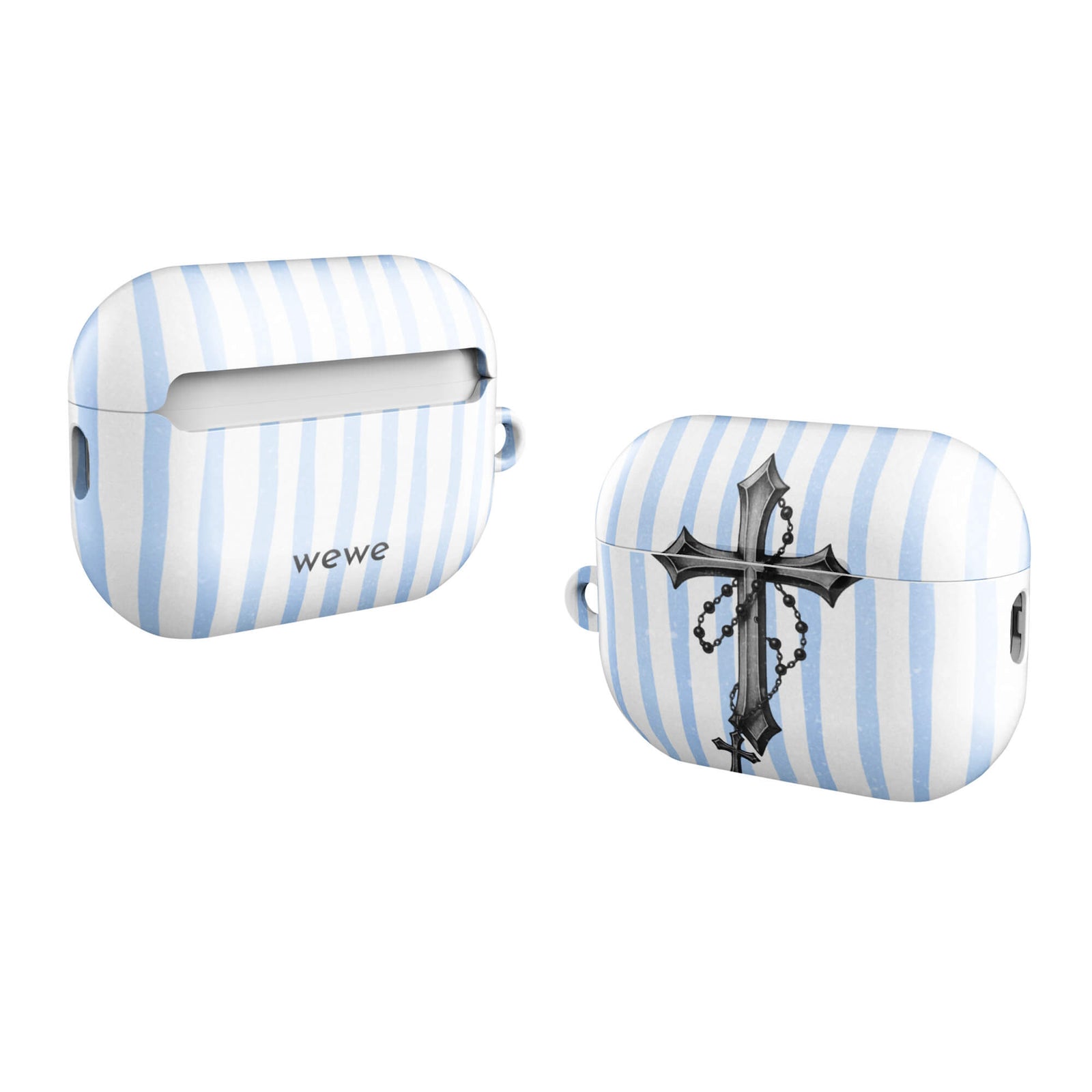 Custom AirPods case pro gen2 with a light blue and white striped background and a detailed rosary cross graphic.