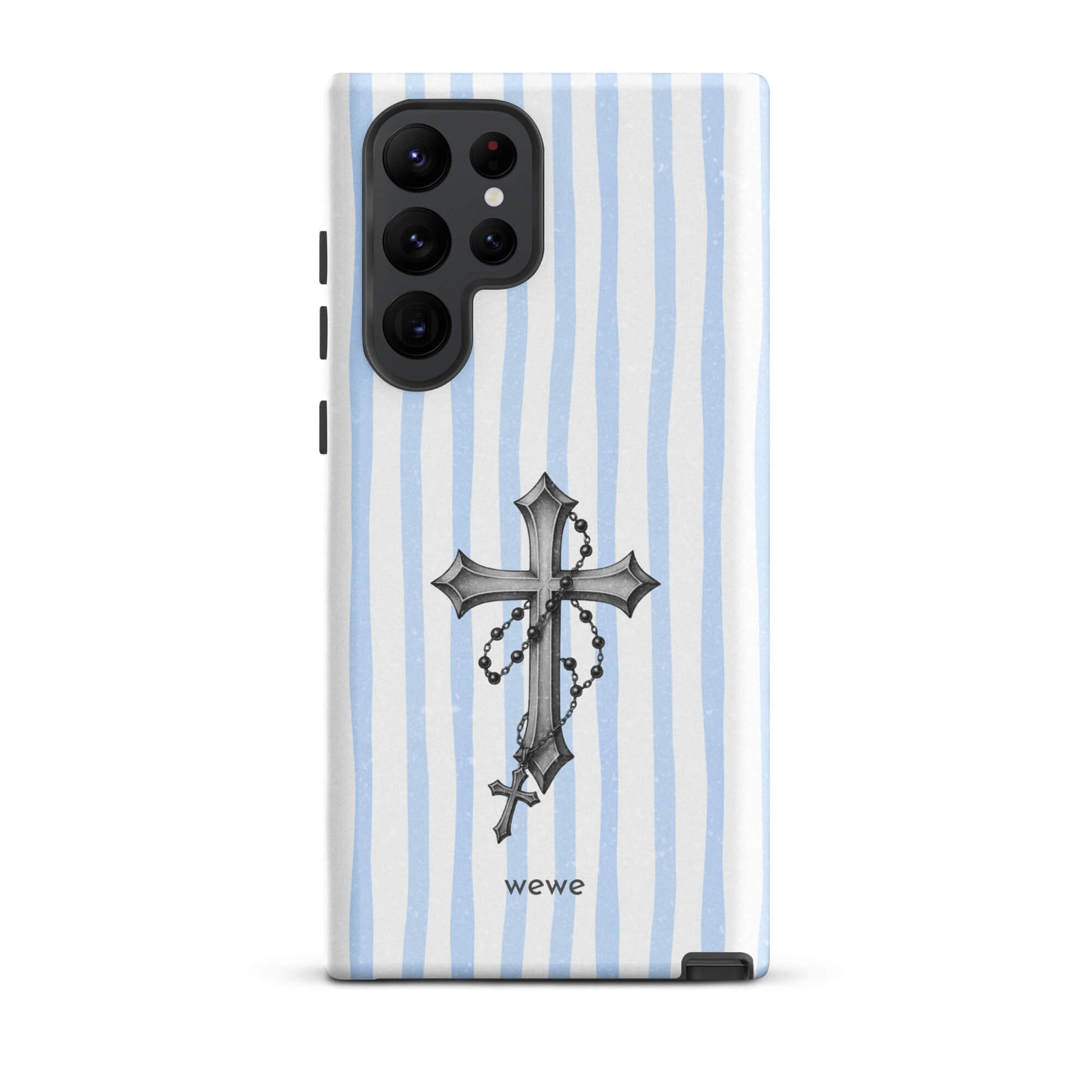 Custom samsung galaxy s22 ultra  Phone case pro with a light blue and white striped background and a detailed rosary cross graphic.