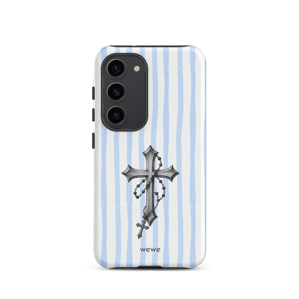Custom samsung galaxy s23  Phone case pro with a light blue and white striped background and a detailed rosary cross graphic.