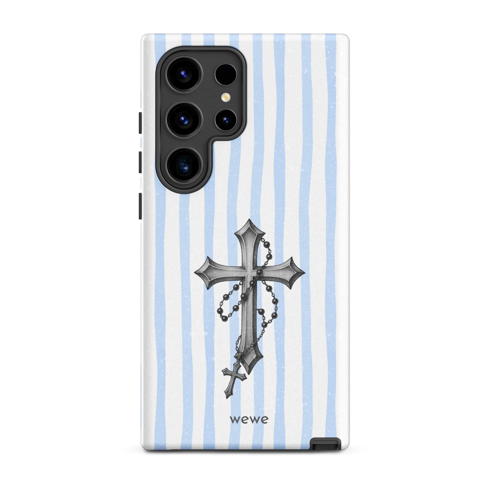 Custom samsung galaxy s24 ultra  Phone case pro with a light blue and white striped background and a detailed rosary cross graphic.