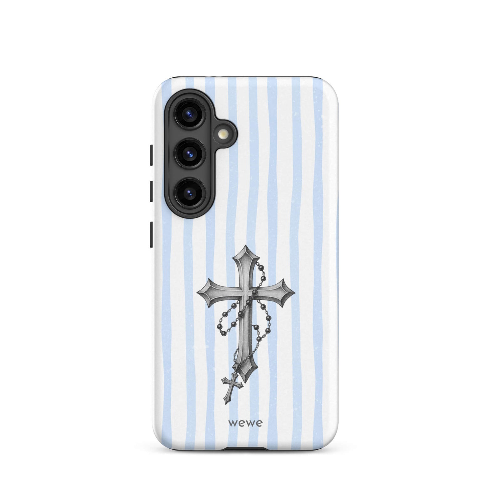 Custom samsung galaxy s24  Phone case pro with a light blue and white striped background and a detailed rosary cross graphic.