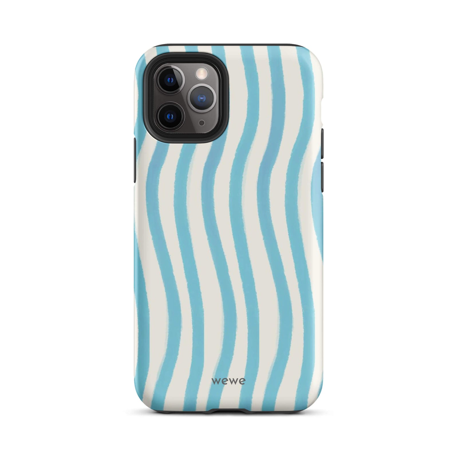 Custom iPhone case 11 pro with a light blue and white wavy vertical stripe pattern.