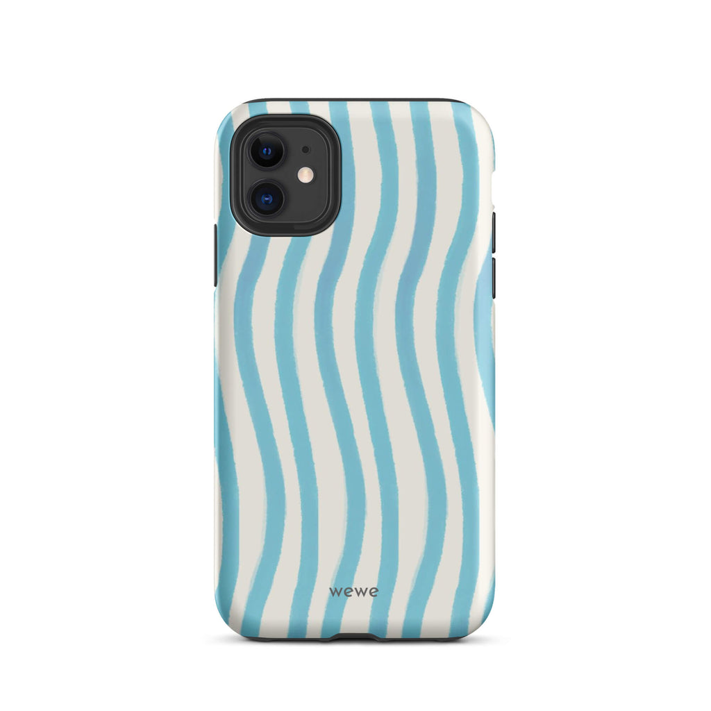 Custom iPhone case 11 with a light blue and white wavy vertical stripe pattern.
