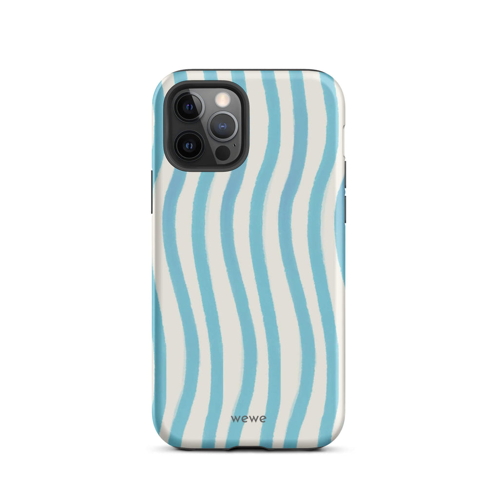 Custom iPhone case 12 pro with a light blue and white wavy vertical stripe pattern.