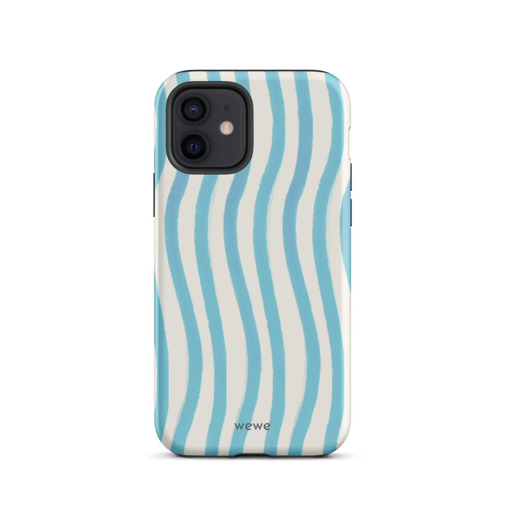 Custom iPhone case 12 with a light blue and white wavy vertical stripe pattern.