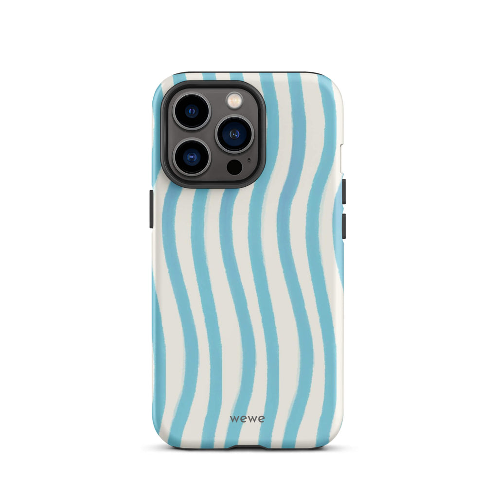 Custom iPhone case 13 pro with a light blue and white wavy vertical stripe pattern.