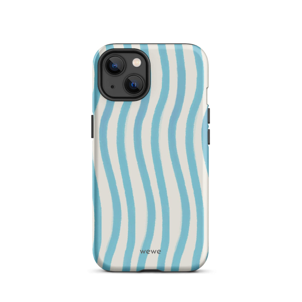 Custom iPhone case 13 with a light blue and white wavy vertical stripe pattern.