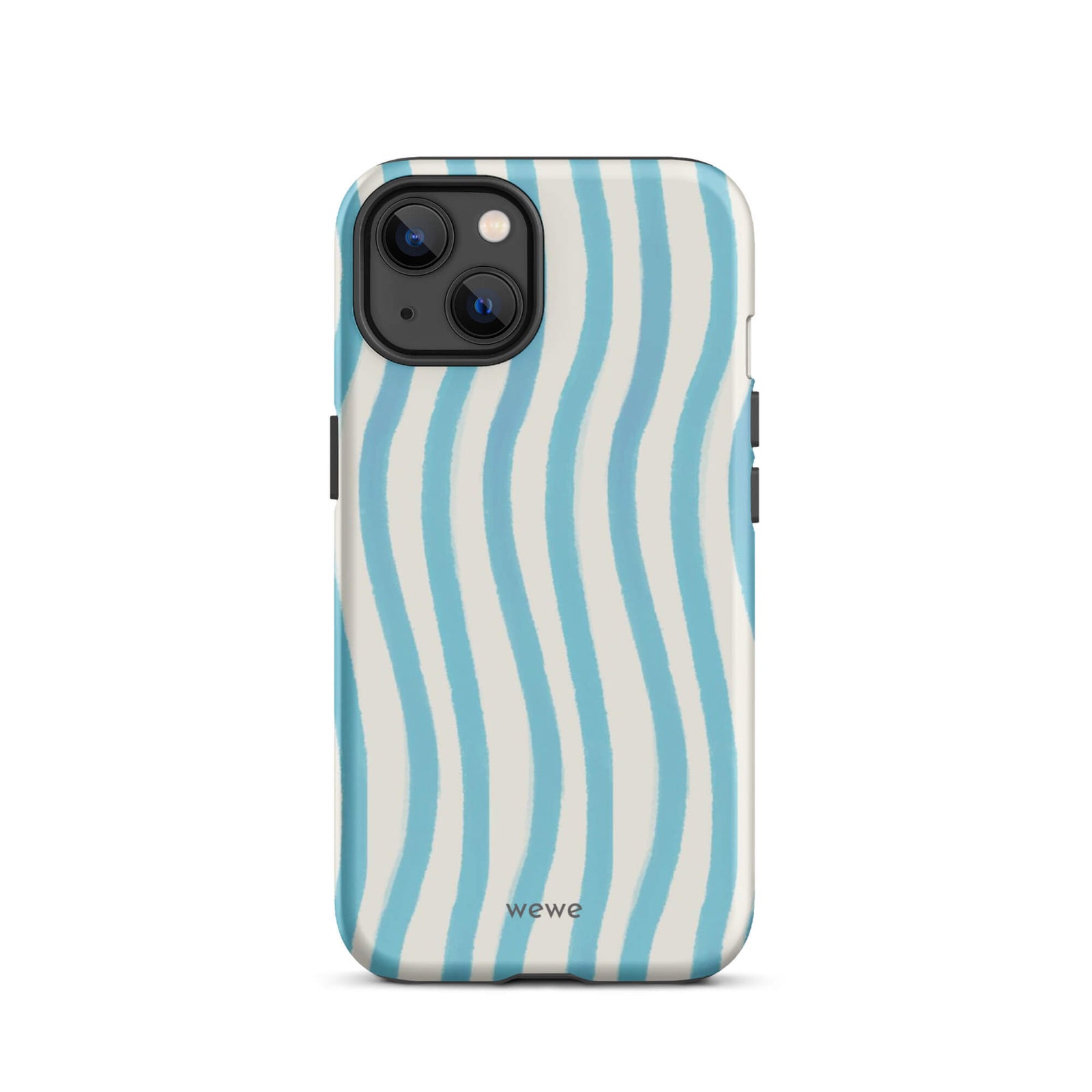 Custom iPhone case 13 with a light blue and white wavy vertical stripe pattern.