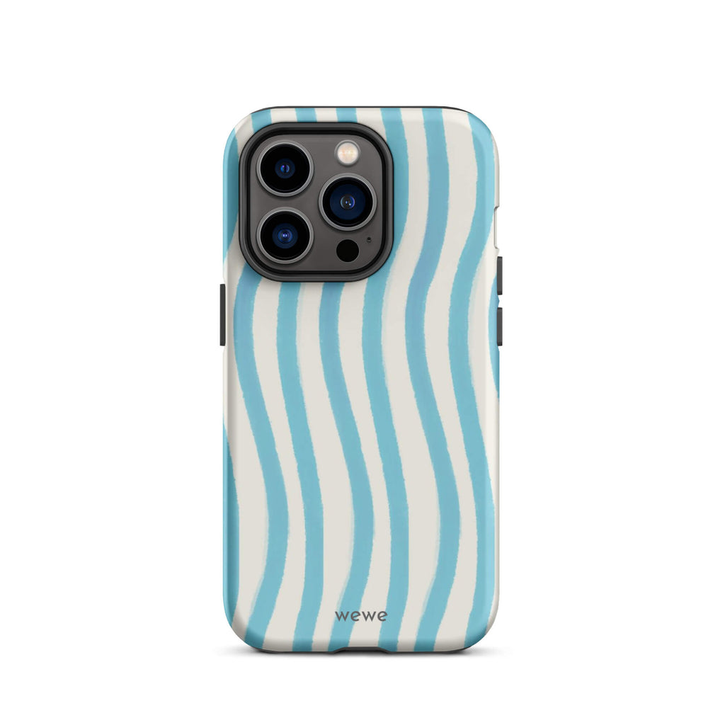 Custom iPhone case 14 pro with a light blue and white wavy vertical stripe pattern.