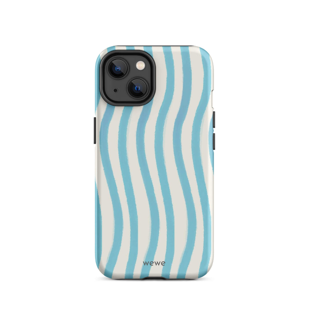 Custom iPhone case 14 with a light blue and white wavy vertical stripe pattern.