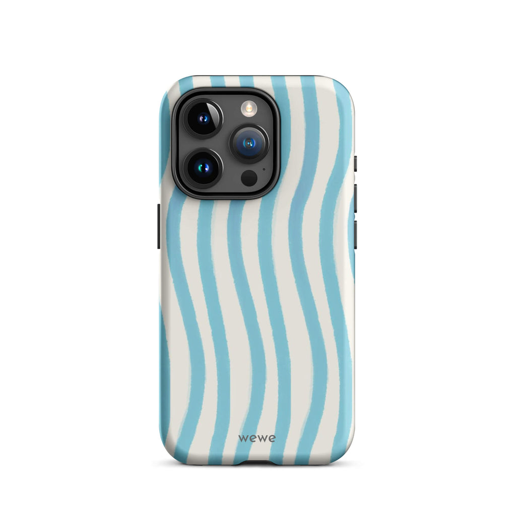 Custom iPhone case 15 pro with a light blue and white wavy vertical stripe pattern.