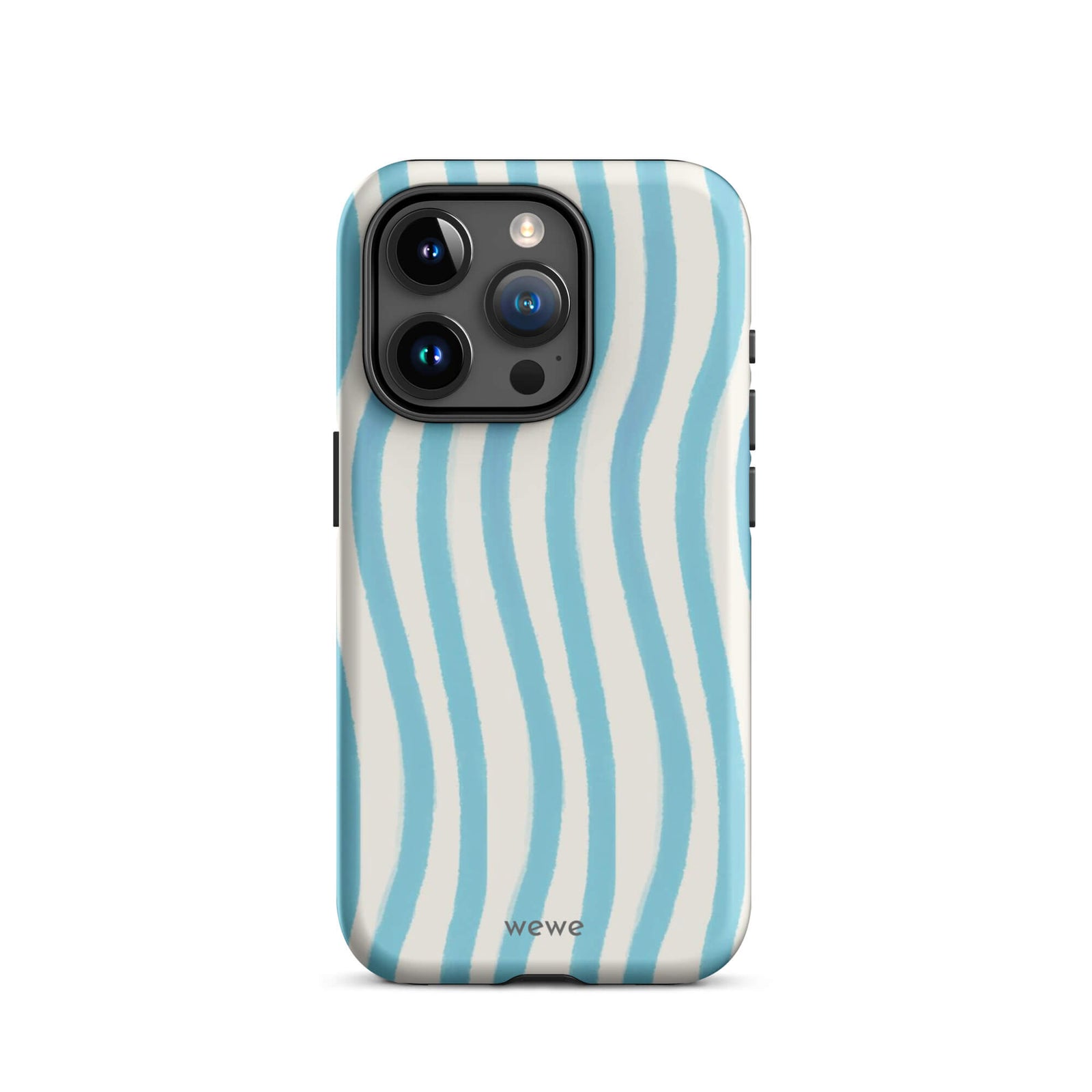 Custom iPhone case 15 pro with a light blue and white wavy vertical stripe pattern.