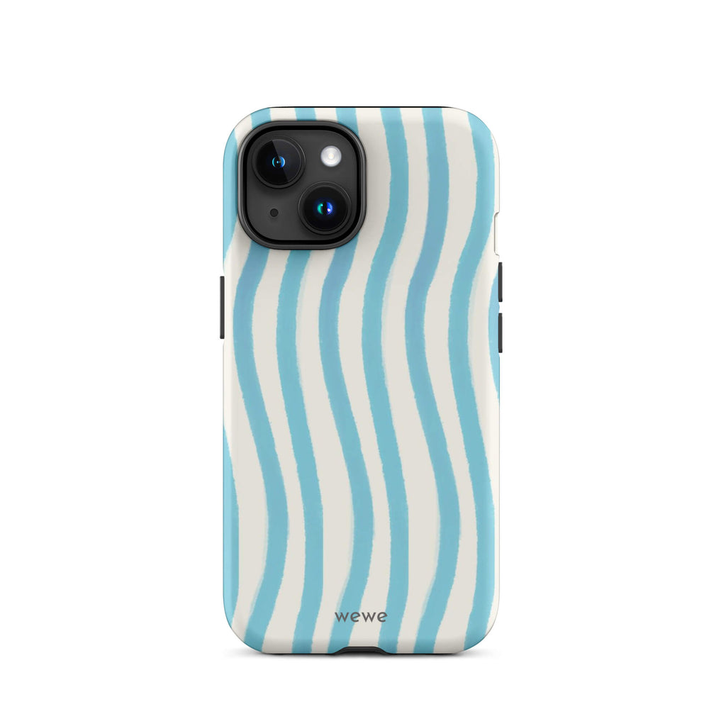 Custom iPhone case 15 with a light blue and white wavy vertical stripe pattern.
