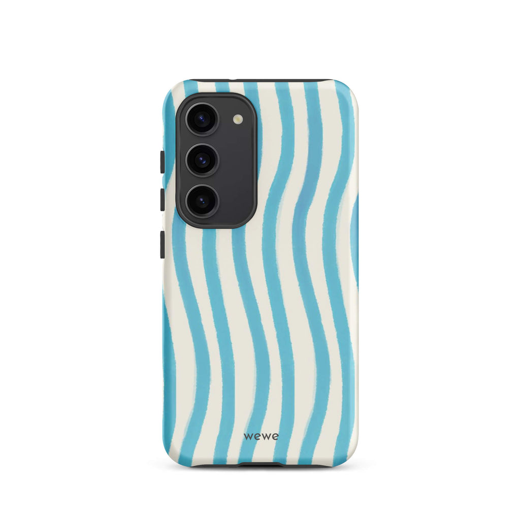 Custom samsung galaxy s23 Phone case with a light blue and white wavy vertical stripe pattern.