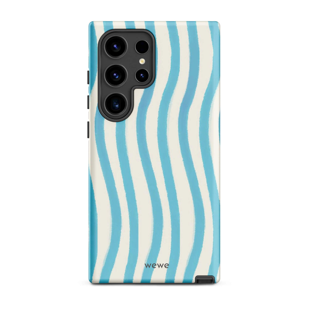 Custom samsung galaxy s24 ultra Phone case with a light blue and white wavy vertical stripe pattern.