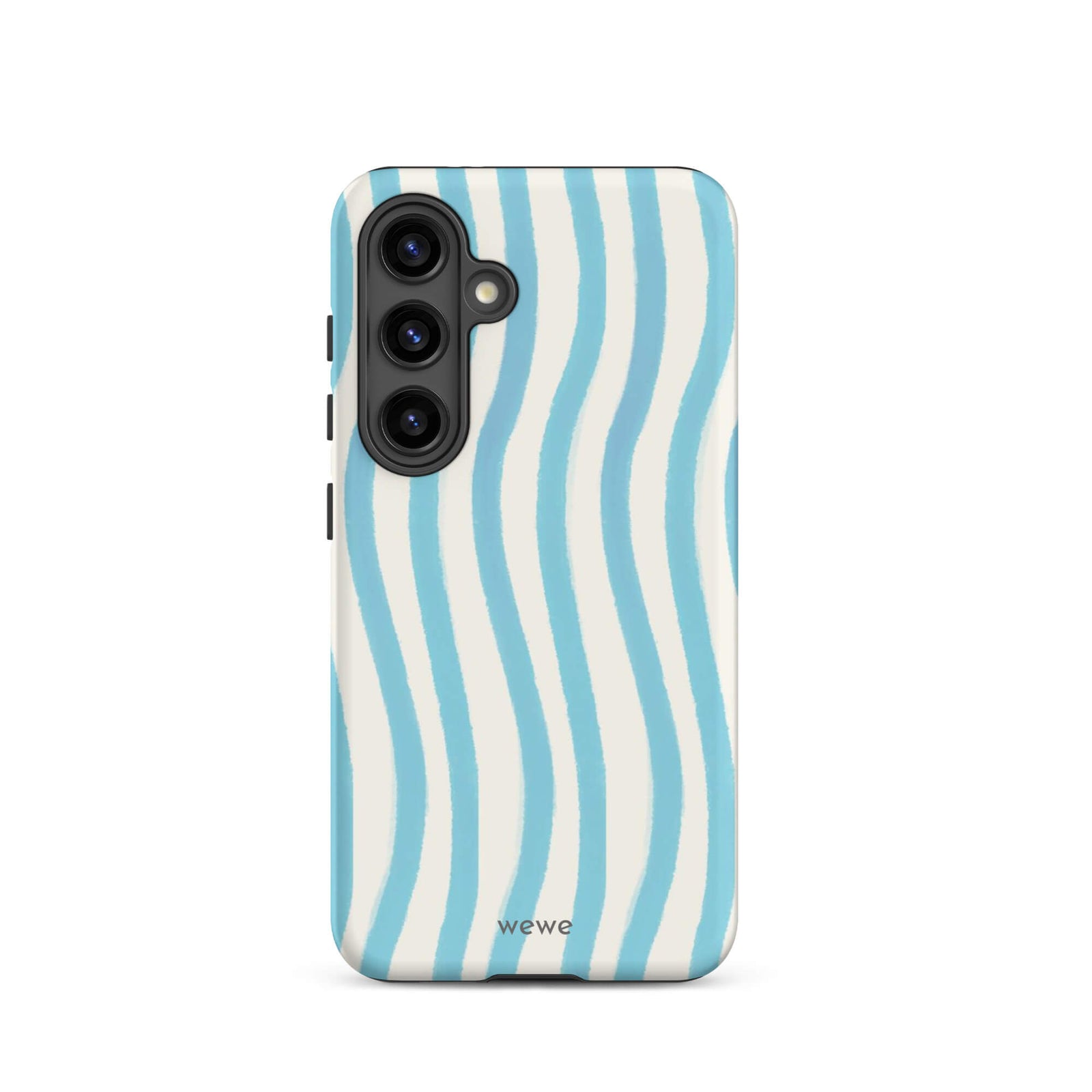 Custom samsung galaxy s24 Phone case with a light blue and white wavy vertical stripe pattern.