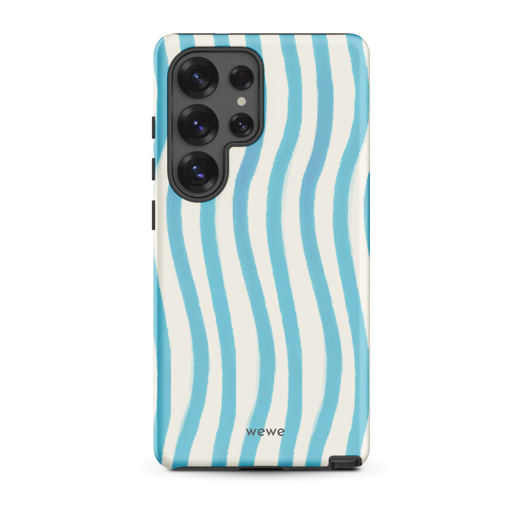 Custom samsung galaxy s25 ultra Phone case with a light blue and white wavy vertical stripe pattern.
