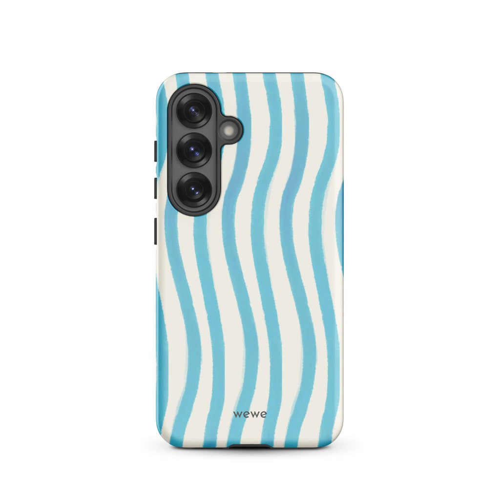 Custom samsung galaxy s25 Phone case with a light blue and white wavy vertical stripe pattern.