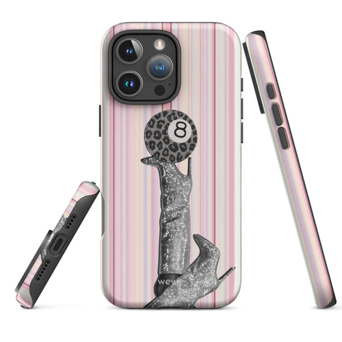 Blush-pink striped iPhone case with a black-and-white fashion figure and leopard-pattern 8 ball