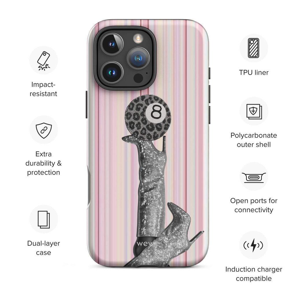 Blush-pink striped iPhone case with a black-and-white fashion figure and leopard-pattern 8 ball