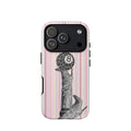 Blush-pink striped iPhone case with a black-and-white fashion figure and leopard-pattern 8 ball