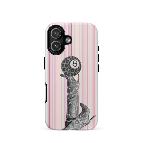 Blush-pink striped iPhone case with a black-and-white fashion figure and leopard-pattern 8 ball