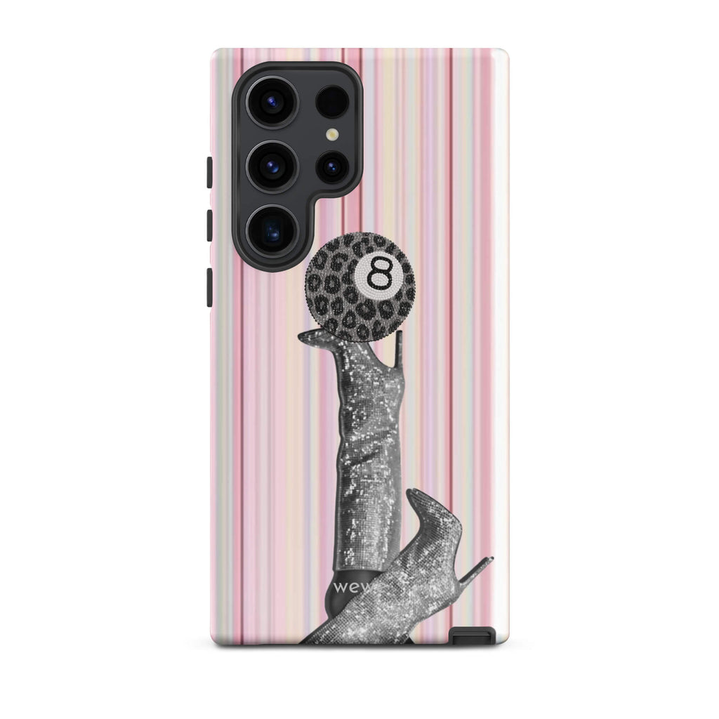 Blush-pink striped iPhone case with a black-and-white fashion figure and leopard-pattern 8 ball