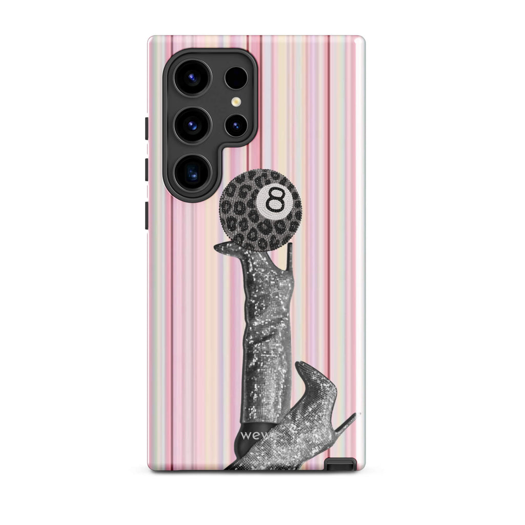 Blush-pink striped iPhone case with a black-and-white fashion figure and leopard-pattern 8 ball