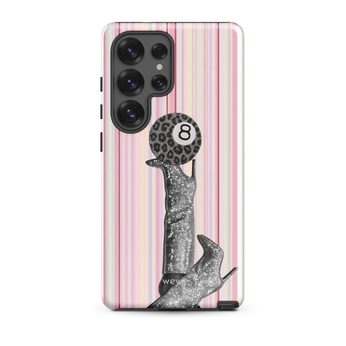 Blush-pink striped iPhone case with a black-and-white fashion figure and leopard-pattern 8 ball