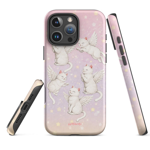 Blush-pink and pale-lavender iPhone case with multiple white winged cats and pastel stars